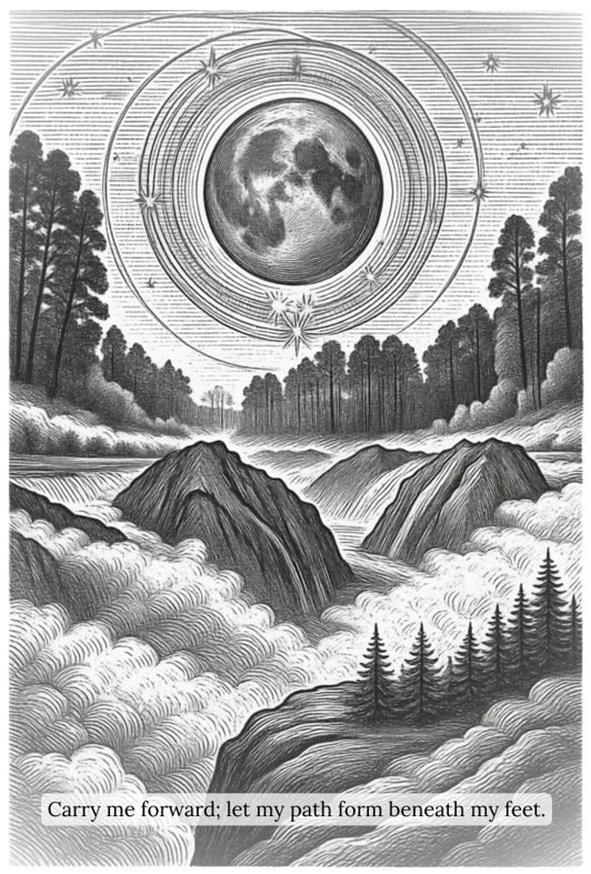 Black and white illustration of a landscape with trees, mountains, and a moon in the sky.