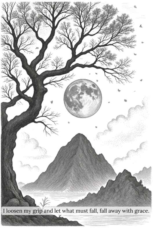 Black and white illustration of a tree, mountain, and moon with a quote at the bottom.