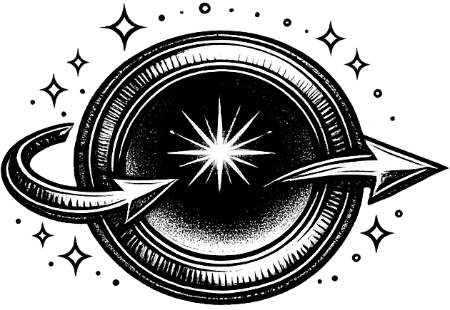 Black and white illustration of a celestial design with stars and a central light source on a white background.