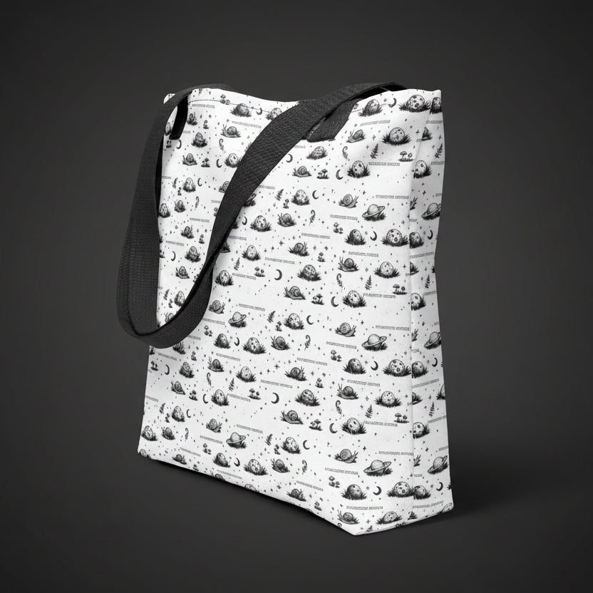 Tote bag with black and white pattern on a white background