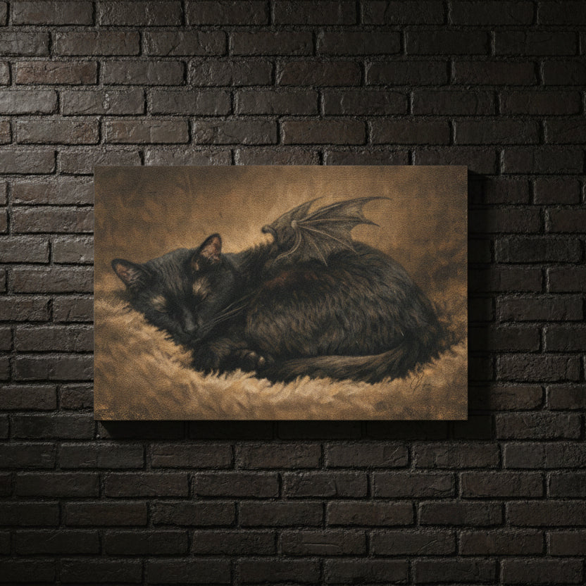 Artistic depiction of a cat with dragon wings on a textured brown background
