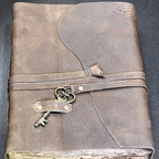 Brown leather-bound book with decorative key locks on a dark background