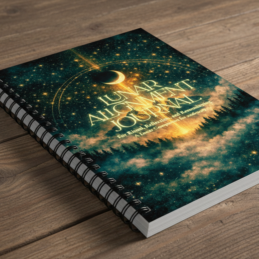 Book cover of 'Lunar Alignment Journal' with celestial design and forest reflection.