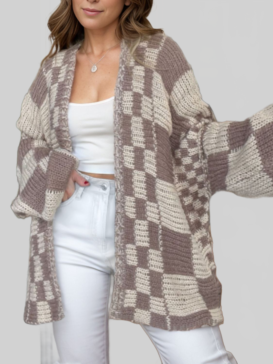 Plaid Open-Front Cardigan