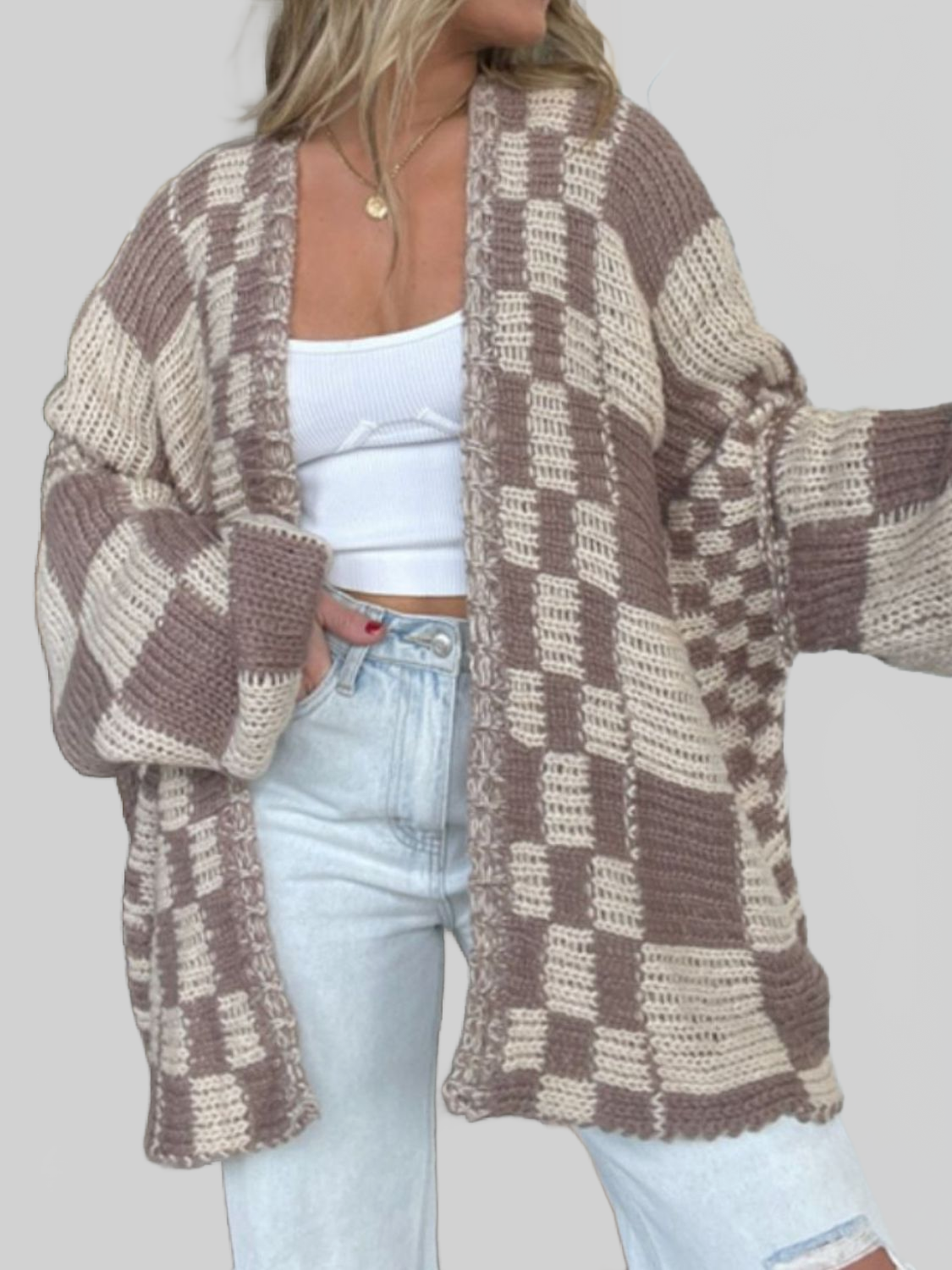 Plaid Open-Front Cardigan