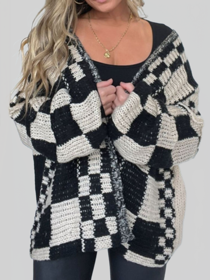 Checked Open-Front Cardigan